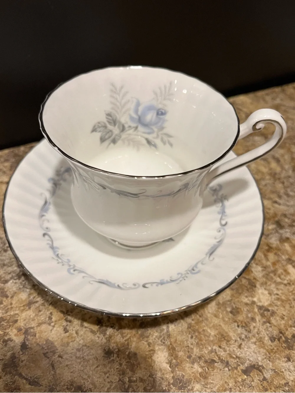 PARAGON Morning Rose Bone China Teacup and Saucer with Blue Rose and Silver Trim
